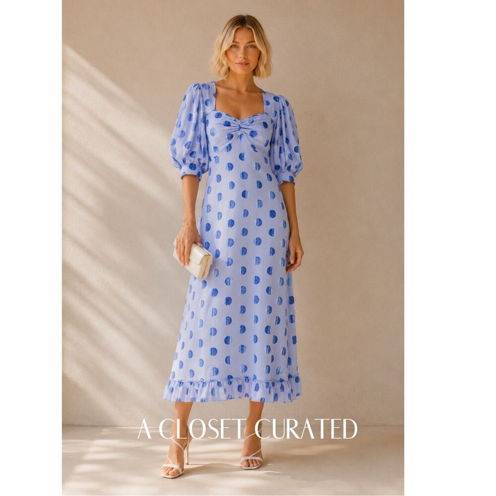 Evi Grintela Vanessa Polka Dot Cotton Maxi Dress Small Blue NEW